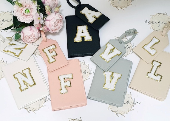 Personalised Vegan Faux Saffiano Fine Grain Leather Travel Set (Passport & Luggage Tag) and Clutch/Accessory Pouch with Initial Patch Letter