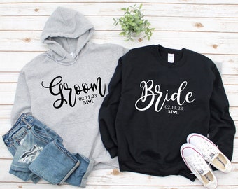 Personalised Bride & Groom Sweatshirt Hoodie ~ Date and Initials with Heart ~ Wedding Honeymoon Sweatshirt Hoodie