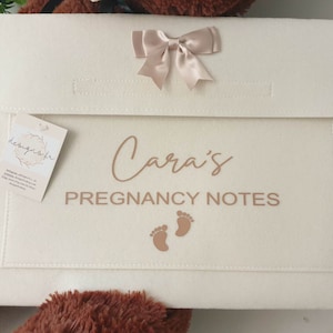 May include: A white felt folder with a brown bow, the text "Cara's Pregnancy Notes" and two brown footprints. The folder has a small white tag with the text "designsbyk.e" on it.