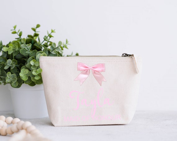 Personalised Canvas Wash Bag With Bow Make up Bag Accessory