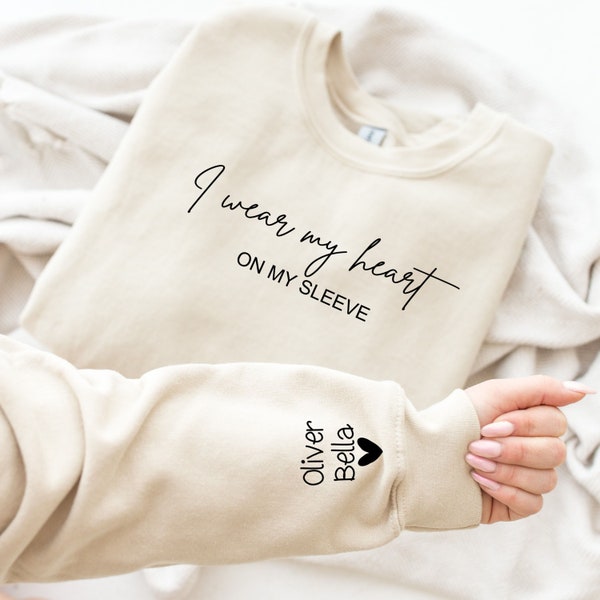 Personalised I wear my heart on my sleeve ~ Names on Sleeve with Heart ~ Mummy, Mum, Daddy, Nanny, Grandad, ~ Father's Day Gift Mother's Day