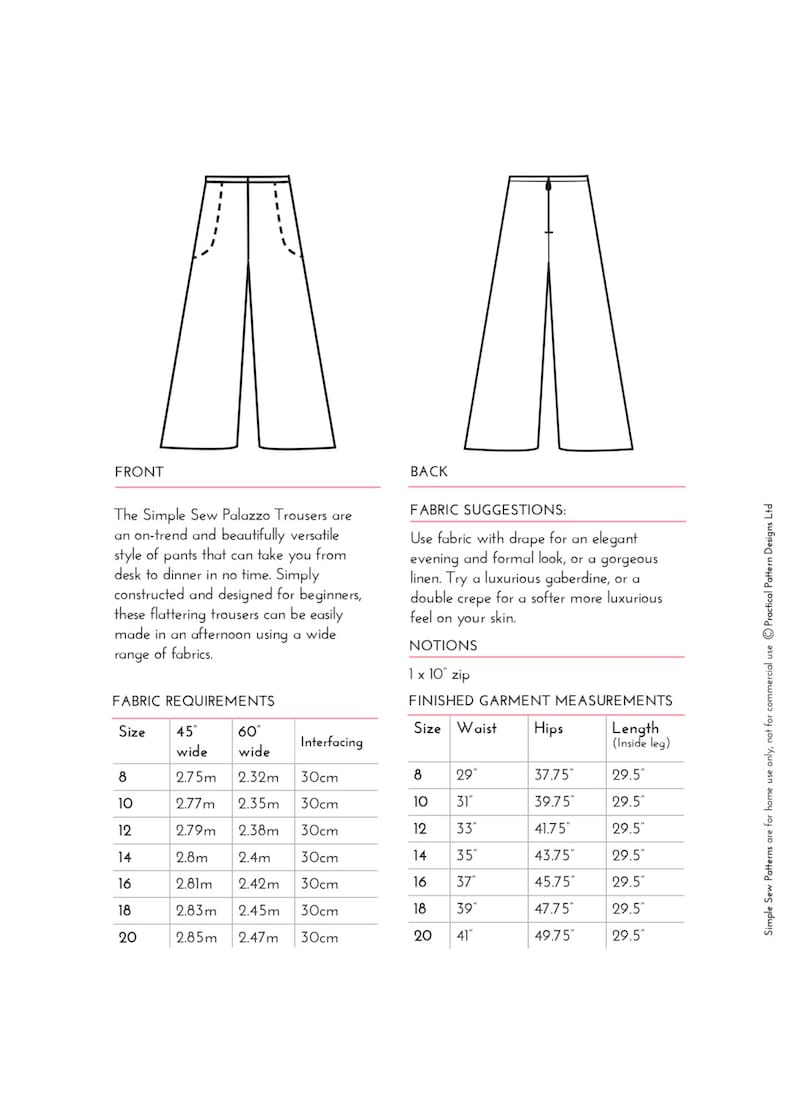 PDF Simple Sew Palazzo Trousers Sewing Pattern capsule Collection UK 8