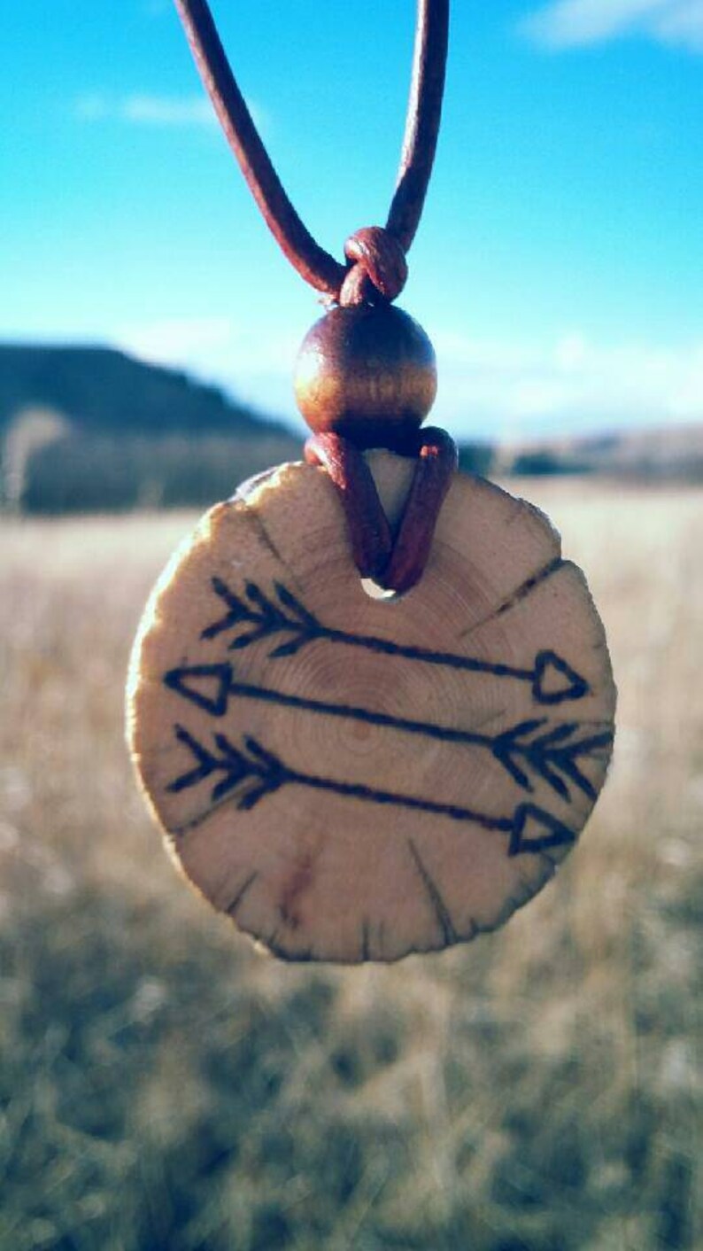 wood burned pendant reclaimed wood outdoors necklace wood jewelry Leather necklace Wood pendant wood slice necklace