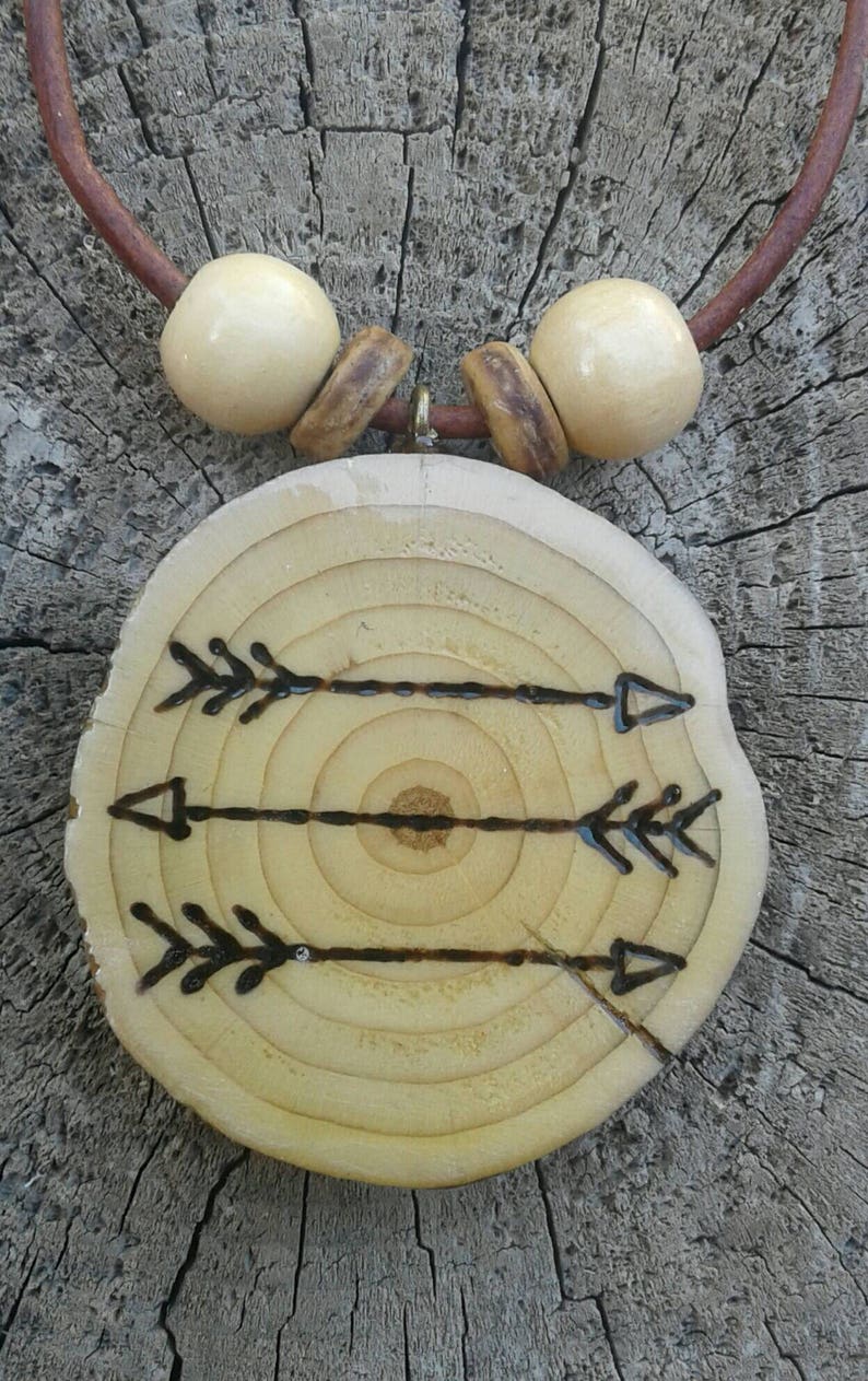 wood burned pendant reclaimed wood outdoors necklace wood jewelry Leather necklace Wood pendant wood slice necklace