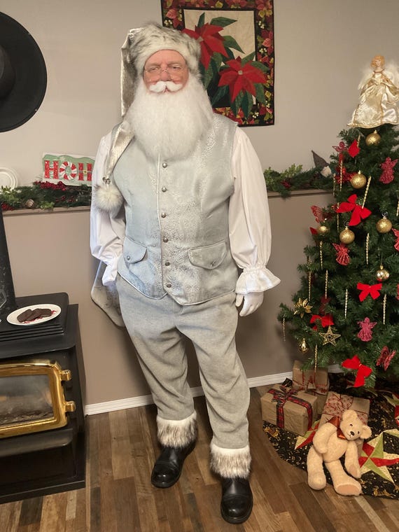 Silver Santa Suit XL-2XL: Velvet Robe, Hat, Pants, Vest, Shirt