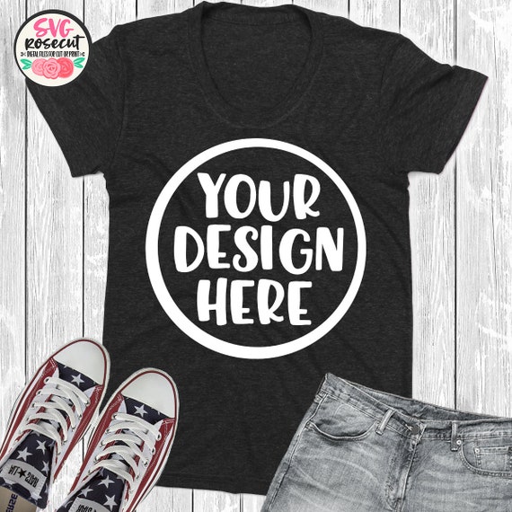 Black T-Shirt Mockup With Grey Jeans And Shoes Black T-Shirt Mockup With Grey Jeans And Shoes