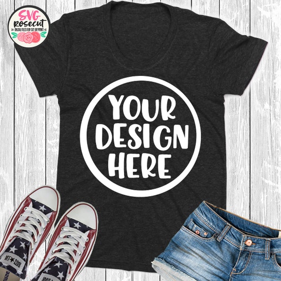 Black T-Shirt Mockup With Jeans And Sneakers Blank Black T-Shirt Mockup With Jeans And Sneakers Blank