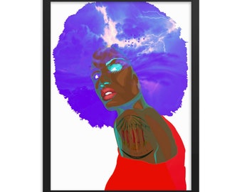 Stormy Woman, black frame, black women magic, tattoo art, storm clouds, gift for all ages, pro African American, Afro hairstyle,portrait art