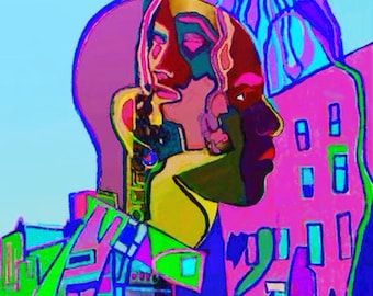 Daydreaming at the Apollo, downloadable digital Art, silhouette art, Apollo theater image, multicolored images, urban landscape images, gift