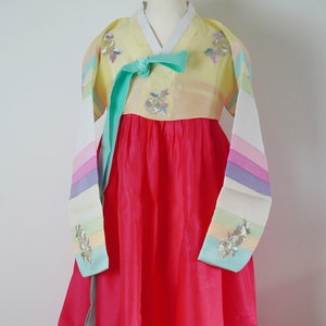 traditional korean hanbok SET light yellow jeogori top with embroidery, red chima dress, polyester (USED)