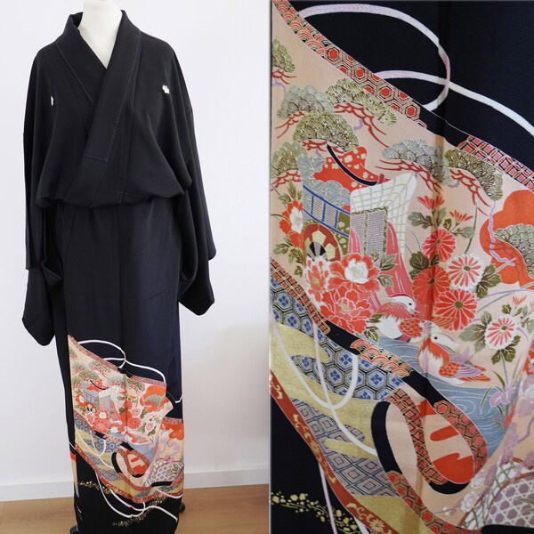 Authentic kimono from Japan silk blend in black,floral pattern,high-quality,Tomesode, Kaga Yuzen / Kyo Yuzen / Gold thread / Wearable (USED)