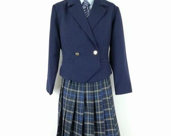 School uniform women's blouse + tie + dark blue jacket + checked winter skirt set from Japan