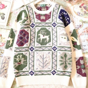 Vintage sweater oversize 100% wool in cream/green from Japan