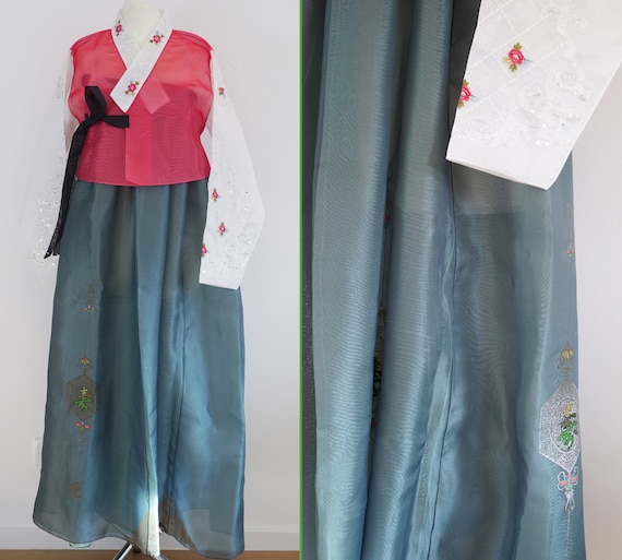 Traditional Korean Hanbok SET Red Jeogori Top With Embroidery Dark Green Chima Dress USED Etsy UK