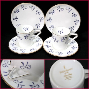 Yves Saint Laurent Tableware YSL 2 cups 2 saucers 2 plates Set white x violet Ribbons