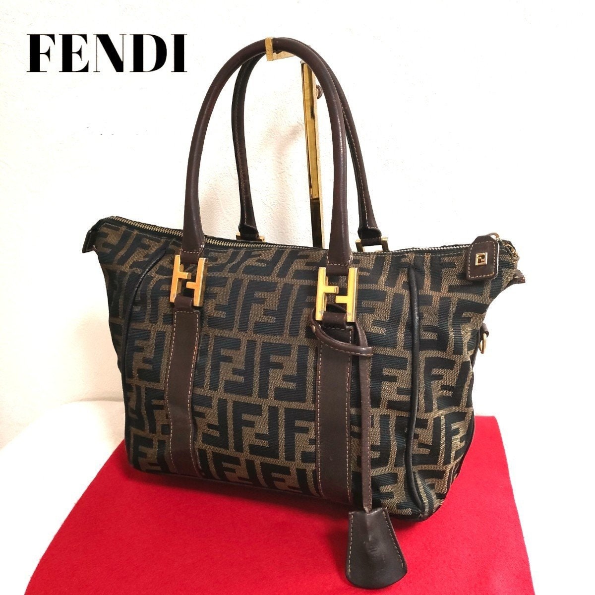 Authentic FENDI Zucca Pattern Gold Brown Handbag Tote Bag Good 