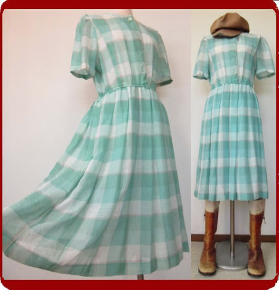Retro Vintage Green Check Spring Mod Dress One Piece 70s Short sleeved Antique Showa Romance Etsy