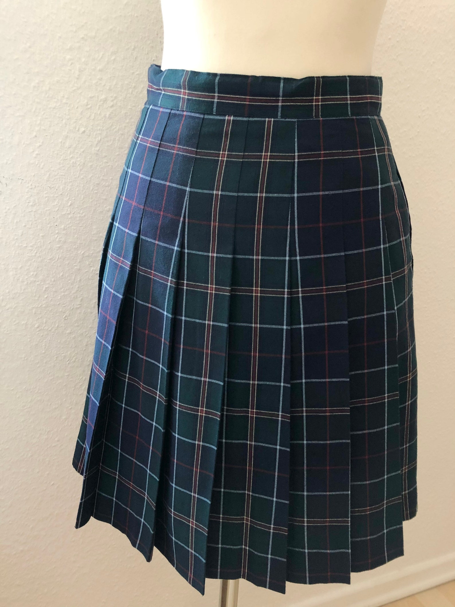 Vintage checkered pleated skirt skirt in green/blue | Etsy