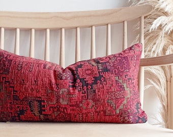 Pastel Red Turkish Kilim Pillow Lumbar Pillow Cover 12x24 Turkish Boho Lumbar Pillow Kilim Pattern Large Pillow Velvet Decorative Pillow