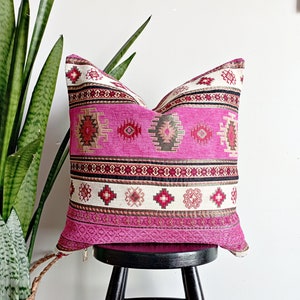 Hot Pink Kilim Pillow Cover: Velvet Chenille Decorative Lumbar