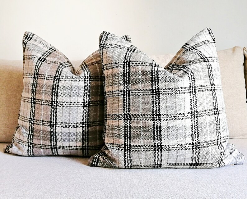 Grey and Beige Neutral Pillow Cover Beige Bohemian Pillow Cover Woven Textured Plaid Lumbar Pillow Plaid Grey Pillow Cover image 6