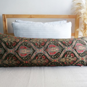 Dark Green Turkish Kilim Pillow Lumbar Pillow Cover 12x36 Turkish Boho Lumbar Pillow Kilim Pattern Large Pillow Velvet Decorative Pillow