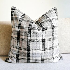 Grey and Beige Neutral Pillow Cover Beige Bohemian Pillow Cover Woven Textured Plaid Lumbar Pillow Plaid Grey Pillow Cover image 2