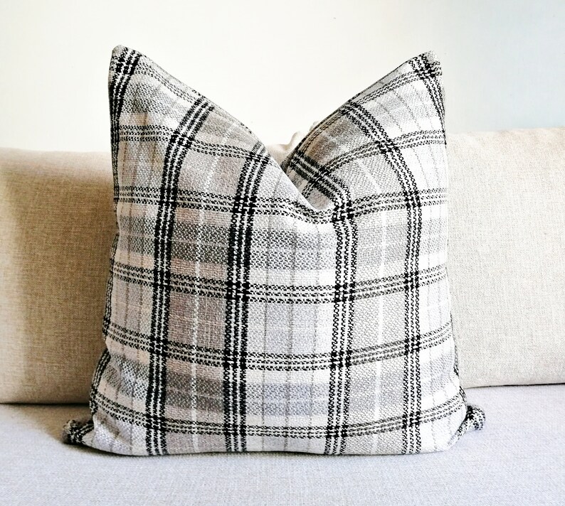 Grey and Beige Neutral Pillow Cover Beige Bohemian Pillow Cover Woven Textured Plaid Lumbar Pillow Plaid Grey Pillow Cover image 2