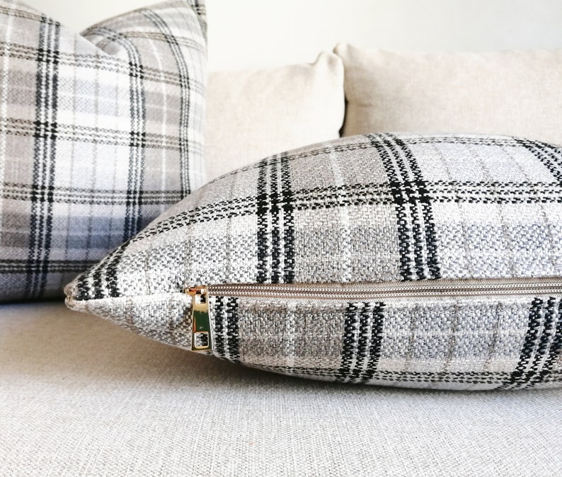 Grey and Beige Neutral Pillow Cover Beige Bohemian Pillow Cover Woven Textured Plaid Lumbar Pillow Plaid Grey Pillow Cover image 8