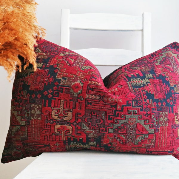 Dark Red Turkish Kilim Pillow Lumbar Pillow Cover 16x24 Turkish Boho Lumbar Pillow Kilim Pattern Large Pillow Velvet Decorative Pillow