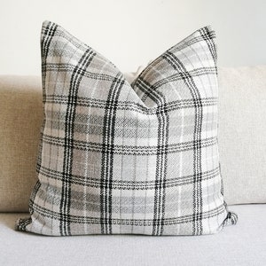 Grey and Beige Neutral Pillow Cover Beige Bohemian Pillow Cover Woven Textured Plaid Lumbar Pillow Plaid Grey Pillow Cover image 1