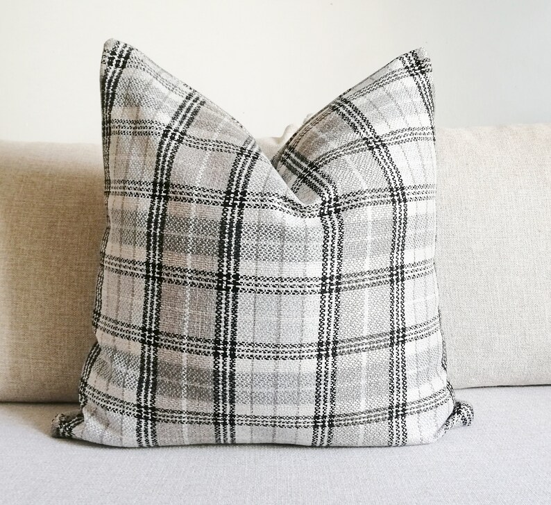 Grey and Beige Neutral Pillow Cover Beige Bohemian Pillow Cover Woven Textured Plaid Lumbar Pillow Plaid Grey Pillow Cover image 1