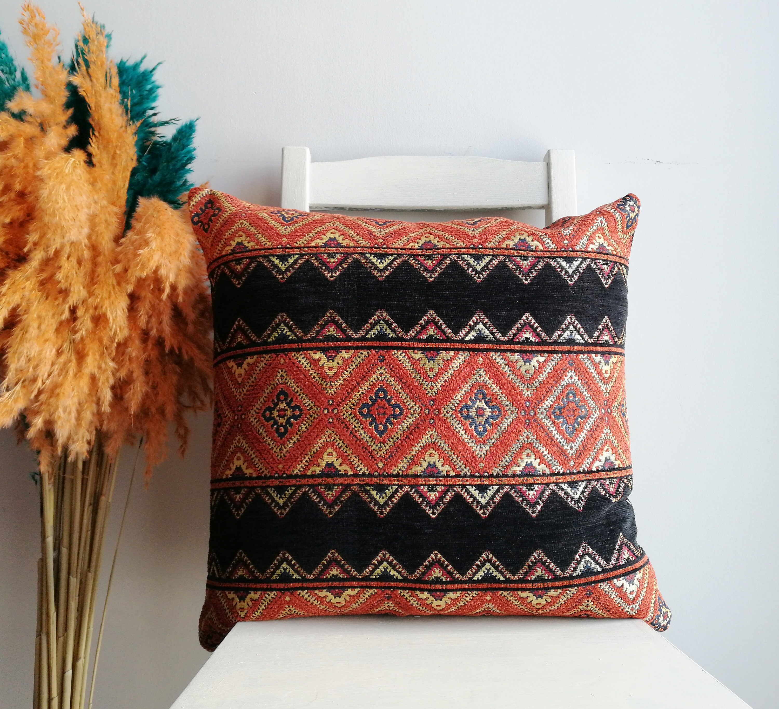 Terracotta Black Turkish Kilim Pillow Lumbar Pillow Cover Etsy