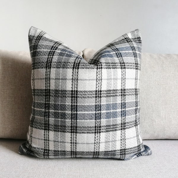 Blue Grey Pillow Cover Grey Plaid Pillow Grey Lumbar Pillow Neutral Home Decor 18x18 20x20 22x22 12x24 12x26 12x36 Lumbar Pillows