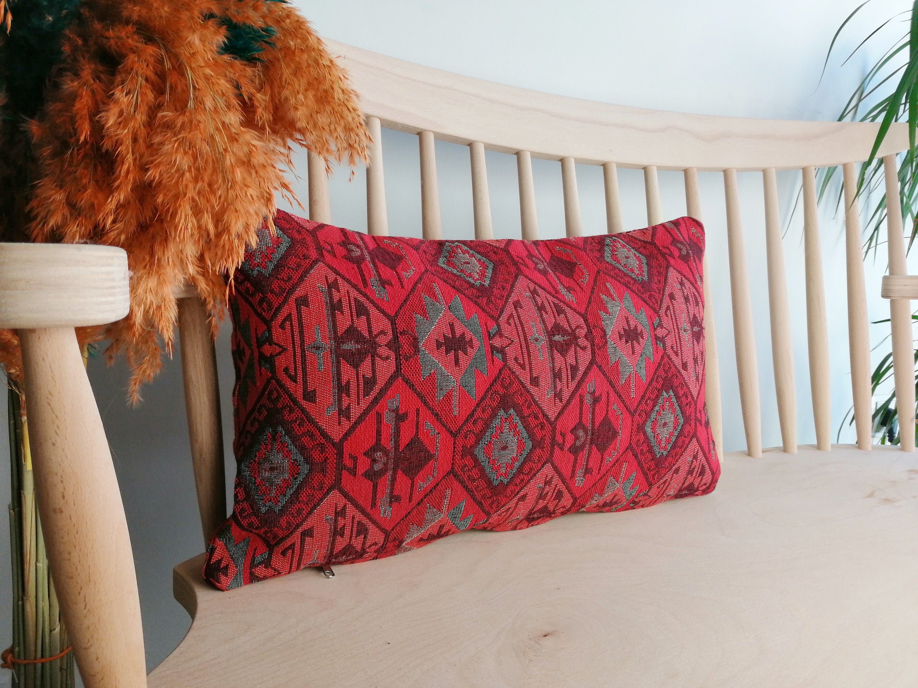 Lumbar Pillow Cover 12x20 Red Throw Pillow Woven Cotton Etsy