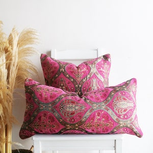 Pink Turkish Pillow Cover: Velvet Tulip Design, Boho Lumbar Pillow (18x18)
