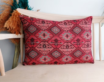 LUMBAR Pillow Cover Woven Cotton Fabric Turkish Pillow Kilim Pattern Throw Pillow Red Decorative Lumbar Pillow- 12x20, 12x24, 16x24