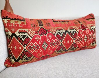 Long Lumbar Pillow Bold Red and Rust Luxury Kilim Pillow Designer Throw Pillow Red Pillow Cover All SIZE Red Throw Pillows Kilim Pillow