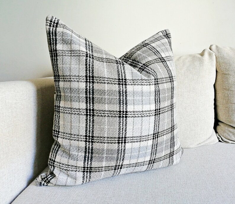 Grey and Beige Neutral Pillow Cover Beige Bohemian Pillow Cover Woven Textured Plaid Lumbar Pillow Plaid Grey Pillow Cover image 3