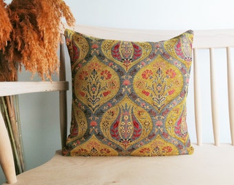 Mustard Yellow Beautiful Turkish Design Kilim Pillow Bohemian Throw Pillow Ottoman Tulip Design Turkish  Pillow Cover Chenille Pillow