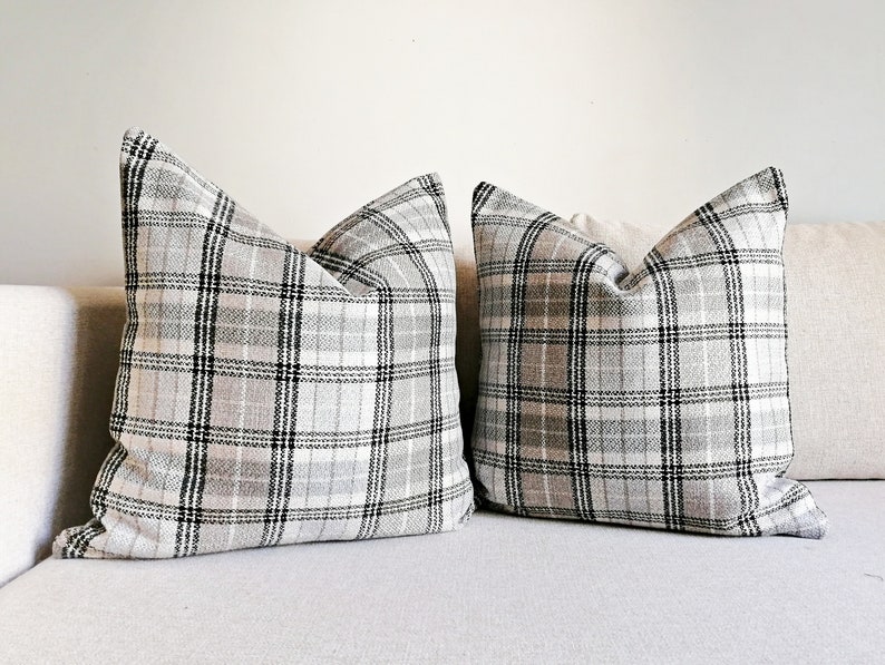 Grey and Beige Neutral Pillow Cover Beige Bohemian Pillow Cover Woven Textured Plaid Lumbar Pillow Plaid Grey Pillow Cover image 5