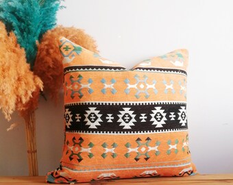 Bright Orange Turkish Kilim Pillow Cover Orange Lumbar Pillow Boho Pillow Orange Sham Pillow Chenille Pillow Cover Orange Pillow Covers