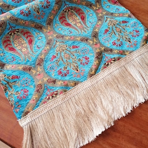 Turkish Table Runner with Tassels, Turquoise, Green, Red Table Runner 56 x 17 inch Decorative Table Runner, Turkish Orient Table Runner