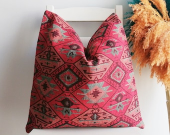 Turkish Kilim Pillow Woven Cotton Fabric Turkish Pillow Kilim Pattern Throw Pillow Red and Blue Pillow Case - 17x17, 20x20, 12x24, 16x24