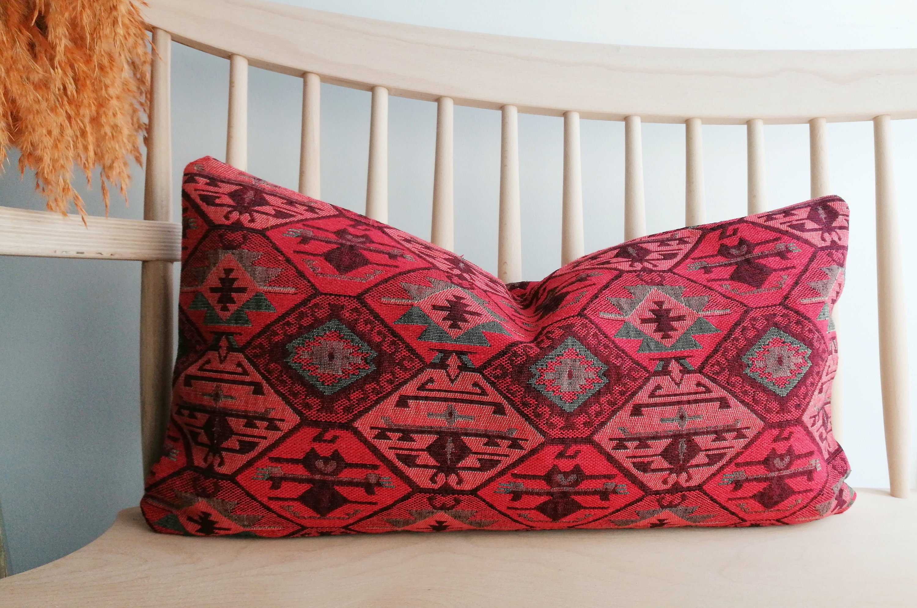 Red Accent Kilim Pillow Lumbar Pillow Cover Kilim Fabric Throw Etsy