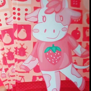 Strawberry Cow Animal Crossing Print met GRATIS Leaf Charm