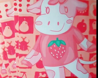 Strawberry Cow Animal Crossing Print with FREE Leaf Charm