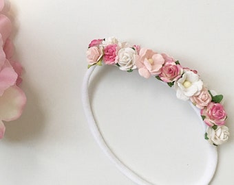 Flower headband cluster Baby and girls nylon headband / dusty pink white mulberry paper flowers roses flower girl wedding photo prop