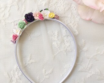 Petites flower cluster Baby and girls nylon satin headband pink white purple mulberry paper flowers roses flower girl wedding photo prop