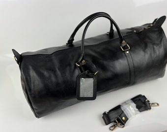 Black Original Leather Duffle Travel Gym Bag with Lots of space